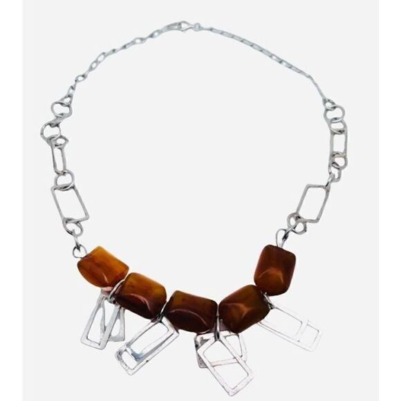 BAKELITE Vintage .925 Sterling Silver and Bakelite Bead Geometric Necklace - Picture 1 of 4